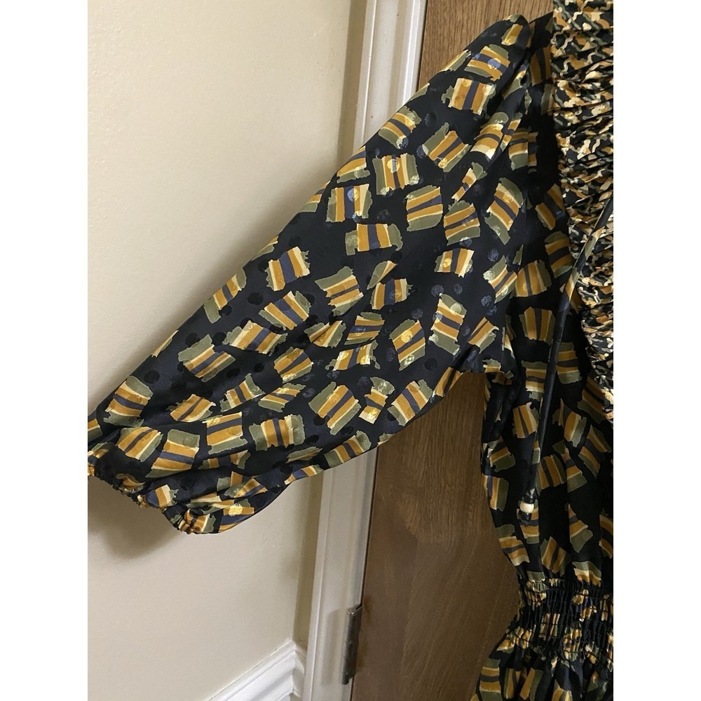 Vintage Susan Freis Geometric Maxi Dress Ruffle Neck Empire Waist 3/4 Sleeves M - Picture 6 of 14